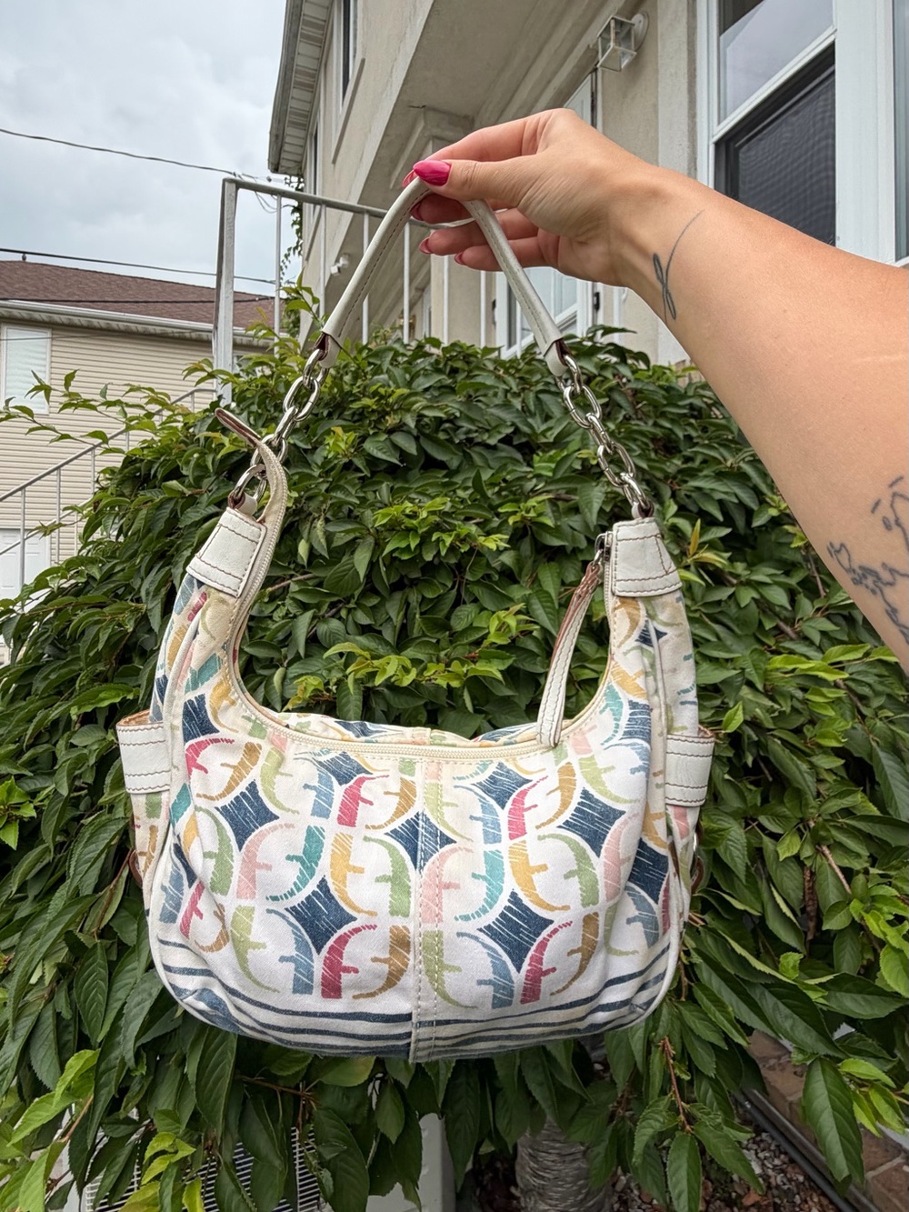 Vintage Fossil Multicolor Monogram Crescent Hobo Shoulder Bag Y2K Rare